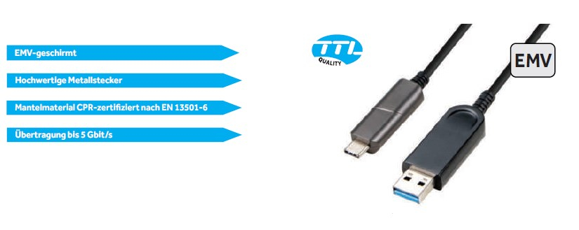 TTL USB-C Hybrid Kabel (AOC) - USB-C auf USB-A, schwarz, 10m